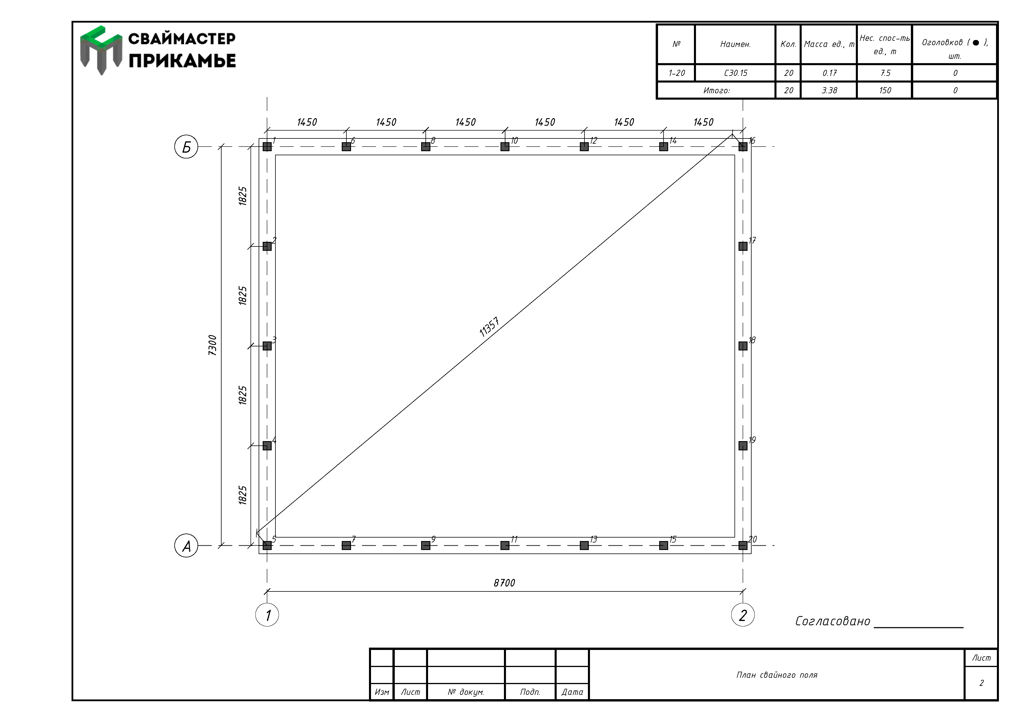 Схема свайного поля для дома из Газобетона в г. Пермь
